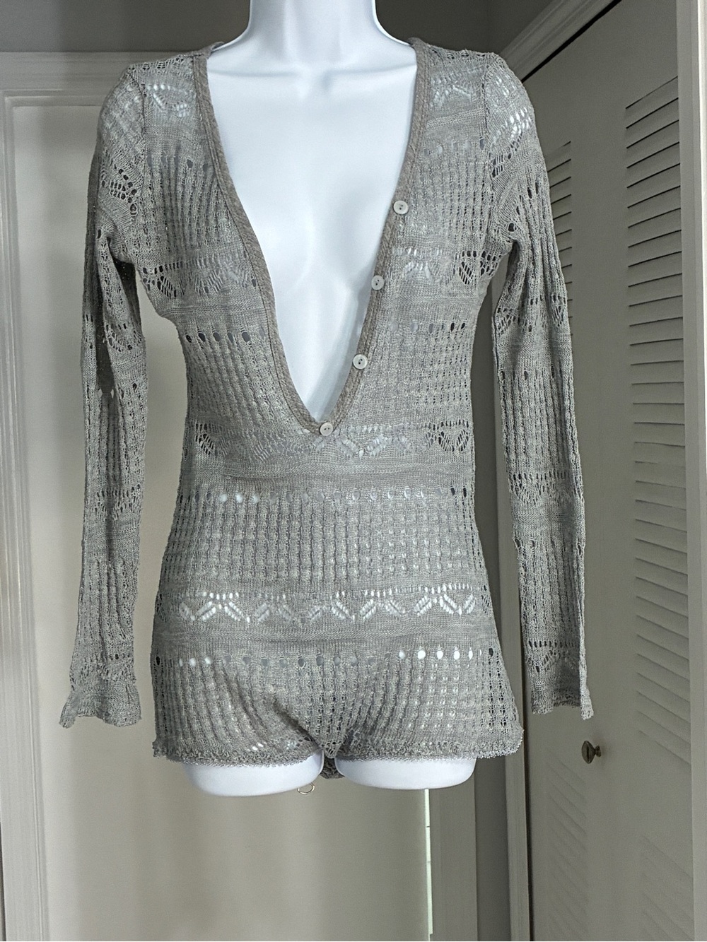 Yandy Light Gray Open-Knit Deep V Romper Pj’s/lounge wear